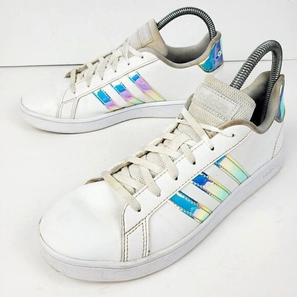 Adidas Grand Court Youth Shoes White Faux Leather Iridescent FW1274 Size 6 - Picture 1 of 8